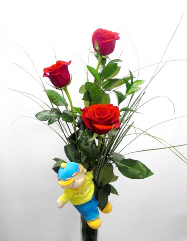3 Rosas Rojas con Peluche | Flores a domicilio FloresParaMadrid |  floristería online