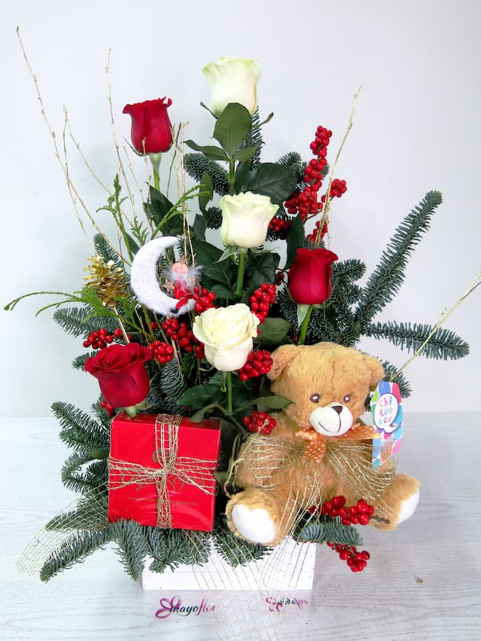 Christmas basket, stuffed animals and chocolates