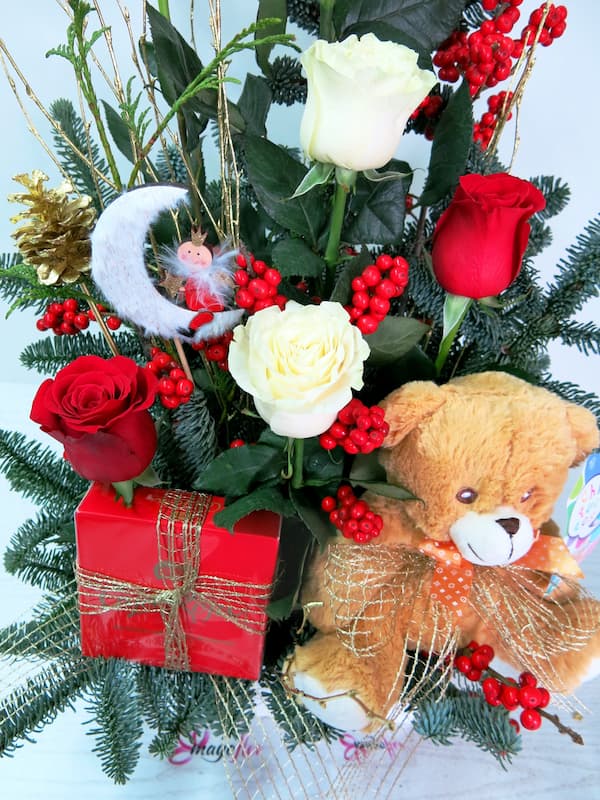 Christmas basket, stuffed animals and chocolates